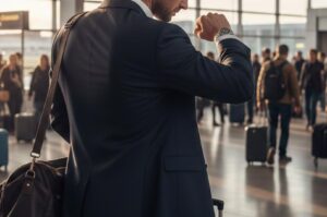 A businessman in a navy suit checking his wristwatch while standing in a busy airport terminal with travelers in the background.