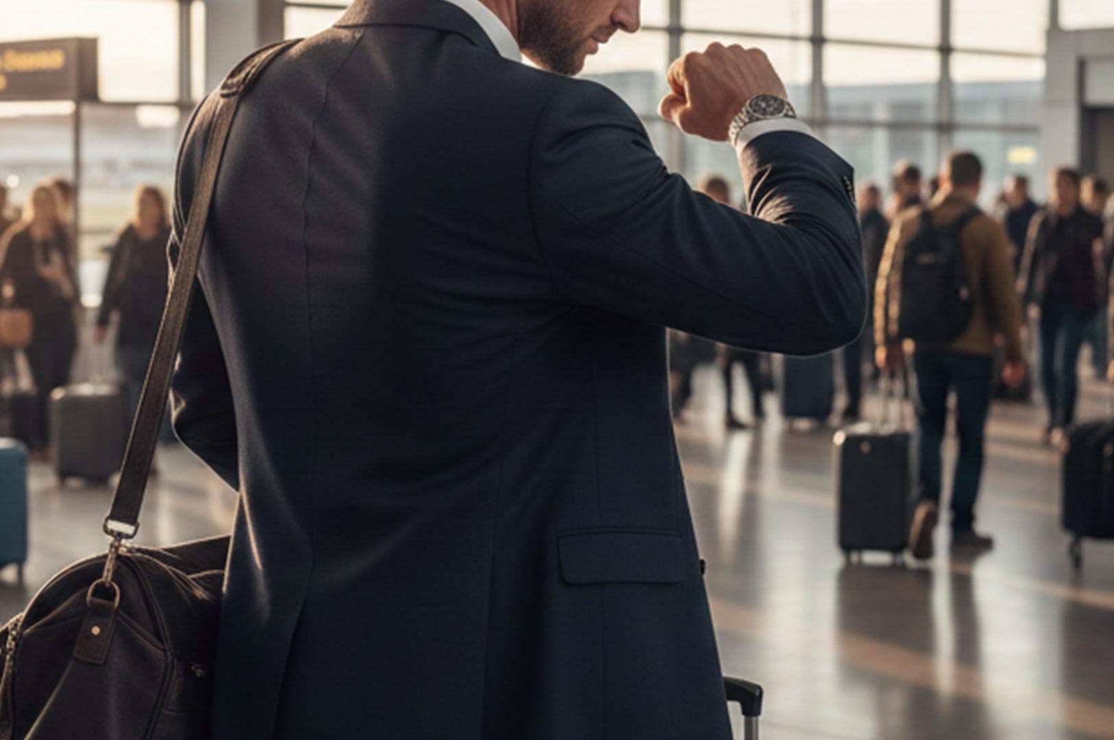 A businessman in a navy suit checking his wristwatch while standing in a busy airport terminal with travelers in the background.