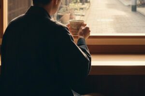 Rear view of a person in a traditional dark kimono holding a ceramic tea cup while looking out a window onto a peaceful street.