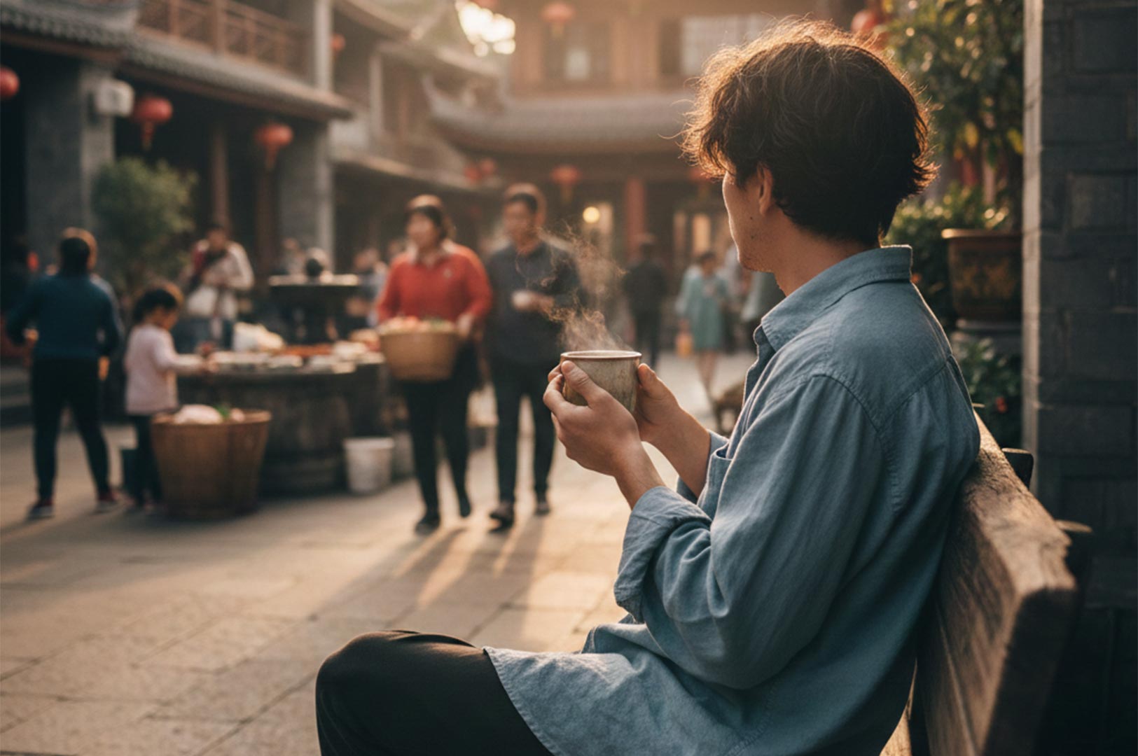 Side view of a man sitting on a wooden bench holding a steaming cup of tea in a busy traditional outdoor market with soft morning sunlight.