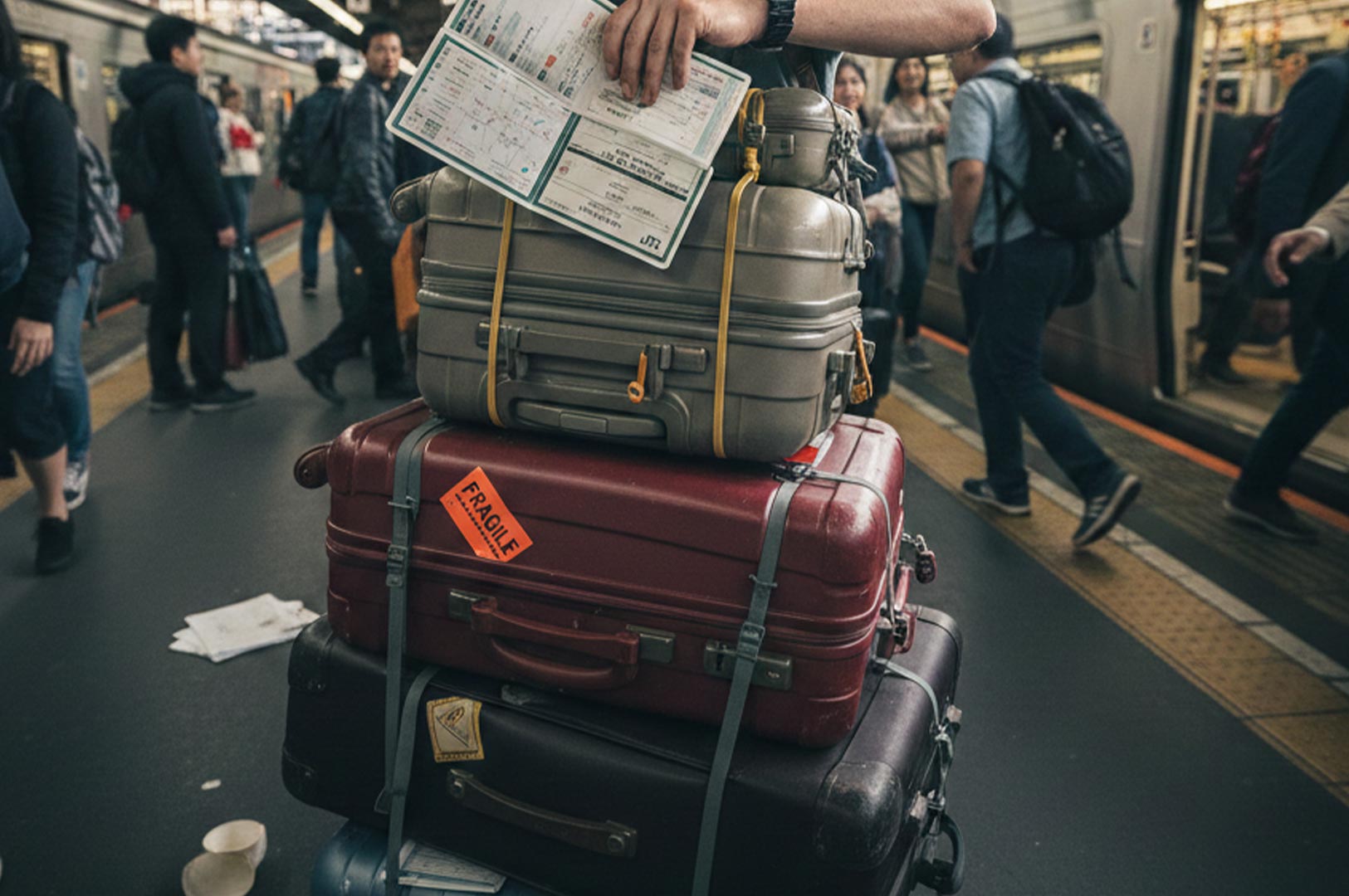 A large stack of suitcases with a "Fragile" sticker being moved through a busy Japanese train station platform, with a traveler holding paper tickets.