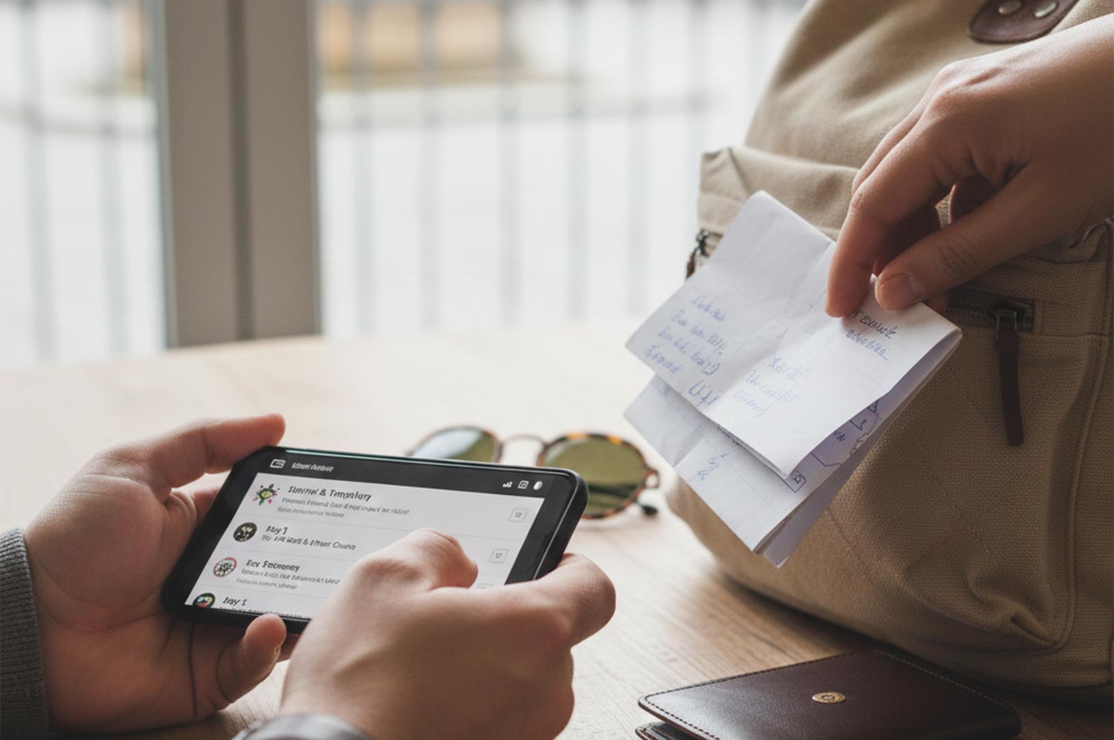 A person holding a smartphone showing a travel itinerary app while reaching for a paper note tucked into a beige backpack.