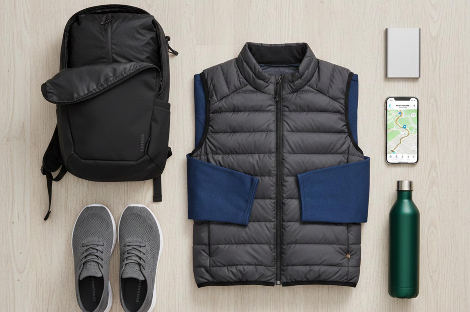 Flatlay of travel gear including a black backpack, grey puffer vest, grey sneakers, a green water bottle, and a smartphone showing a map route.