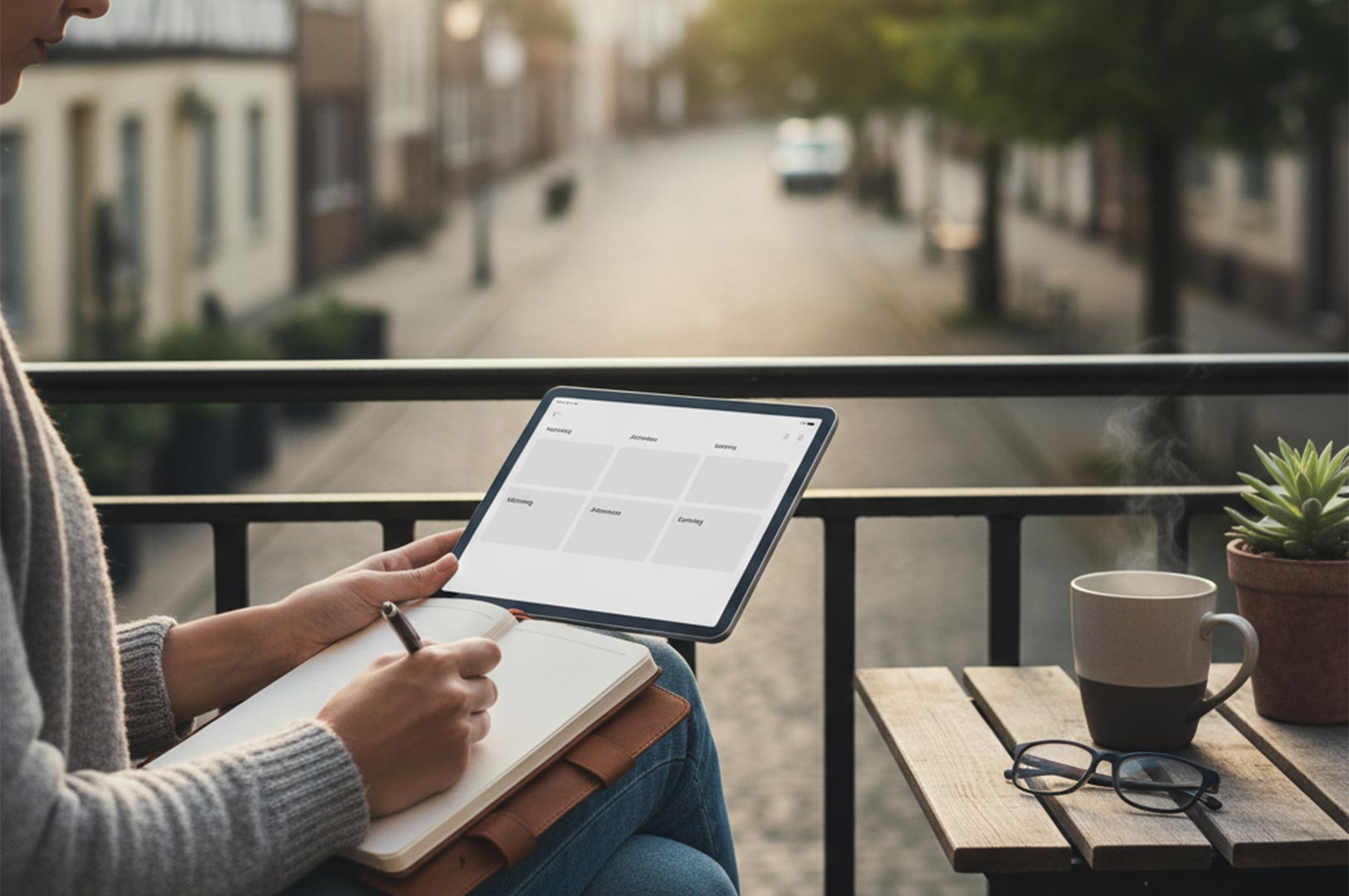 A woman sitting on a balcony overlooking a European street, writing in a journal while using a digital tablet to plan a schedule.