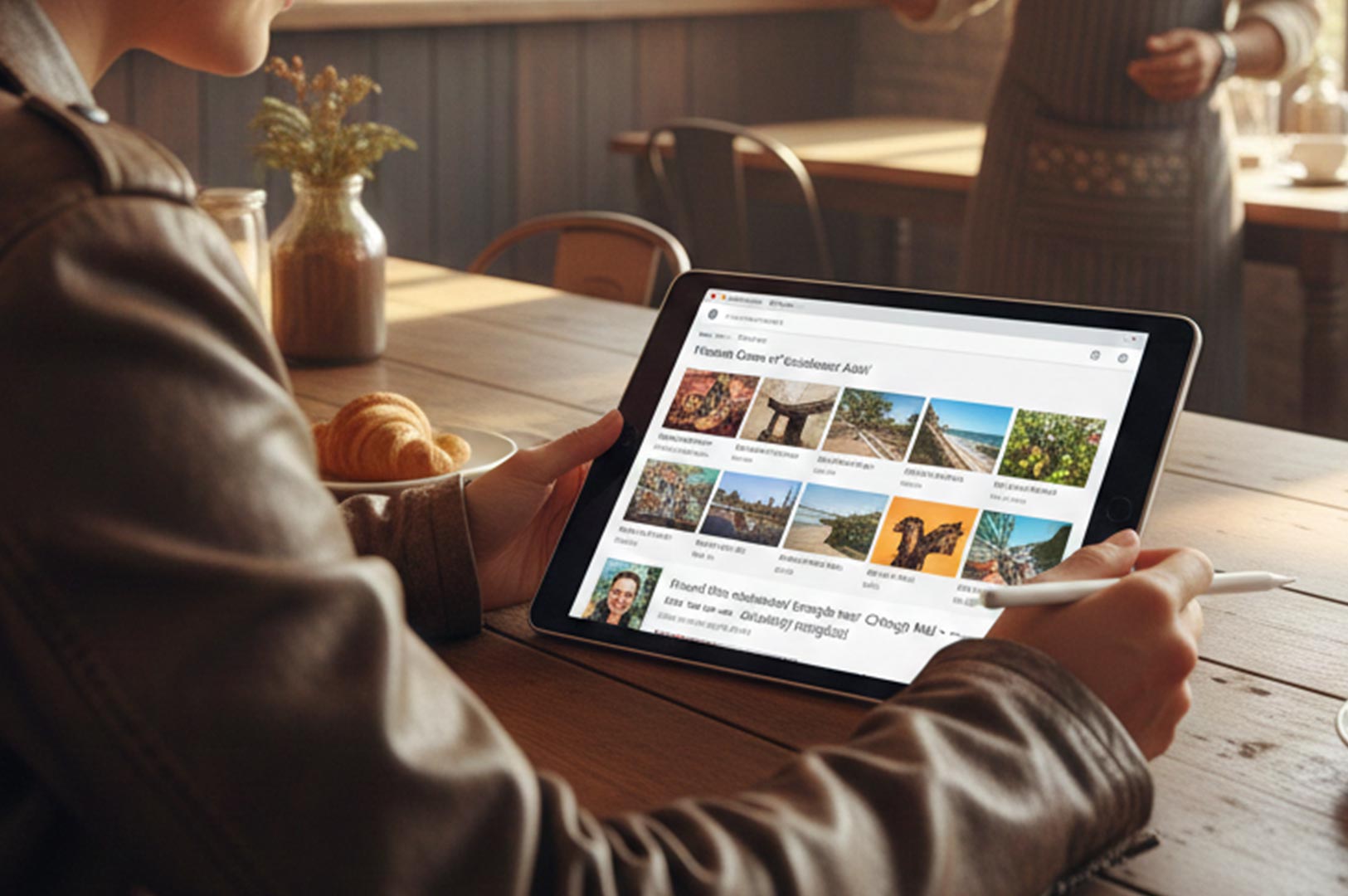 Close-up of a person using a tablet and stylus in a sunny cafe to browse a travel gallery website next to a croissant.