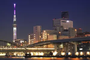 A vibrant nighttime cityscape of Tokyo featuring the Tokyo Skytree illuminated in purple and white lights. In the foreground, a multi-level concrete bridge and highway span across a river, with the long-exposure streaks of vehicle lights creating glowing horizontal lines. Several mid-rise office buildings with lit windows stand between the river and the tower under a deep twilight sky.