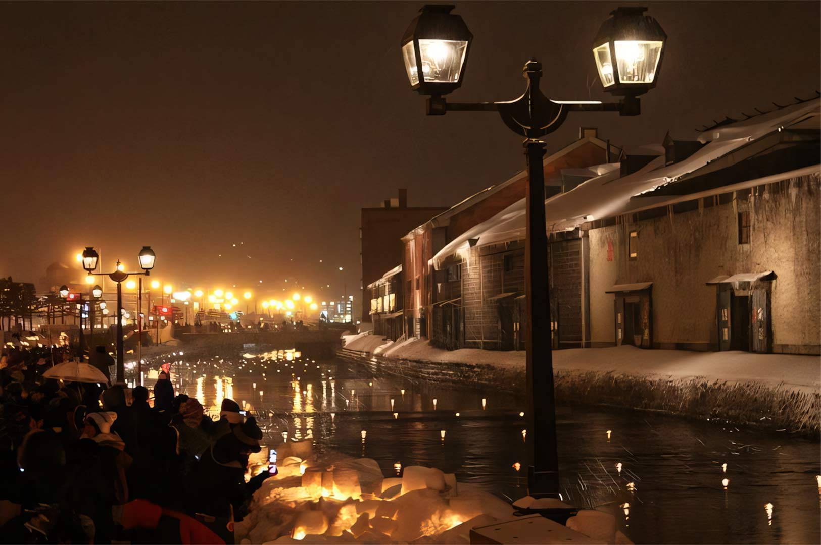 Night view of the Otaru Canal Snow Light Path Festival in Hokkaido, Japan, featuring glowing lanterns on the water and snow-covered historic brick warehouses.