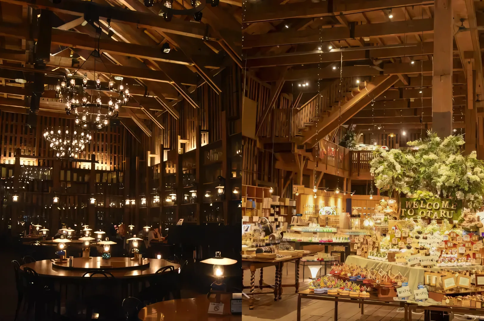 The warm, wooden interior of the Otaru Music Box Museum showing intricate displays of music boxes and vintage chandeliers.