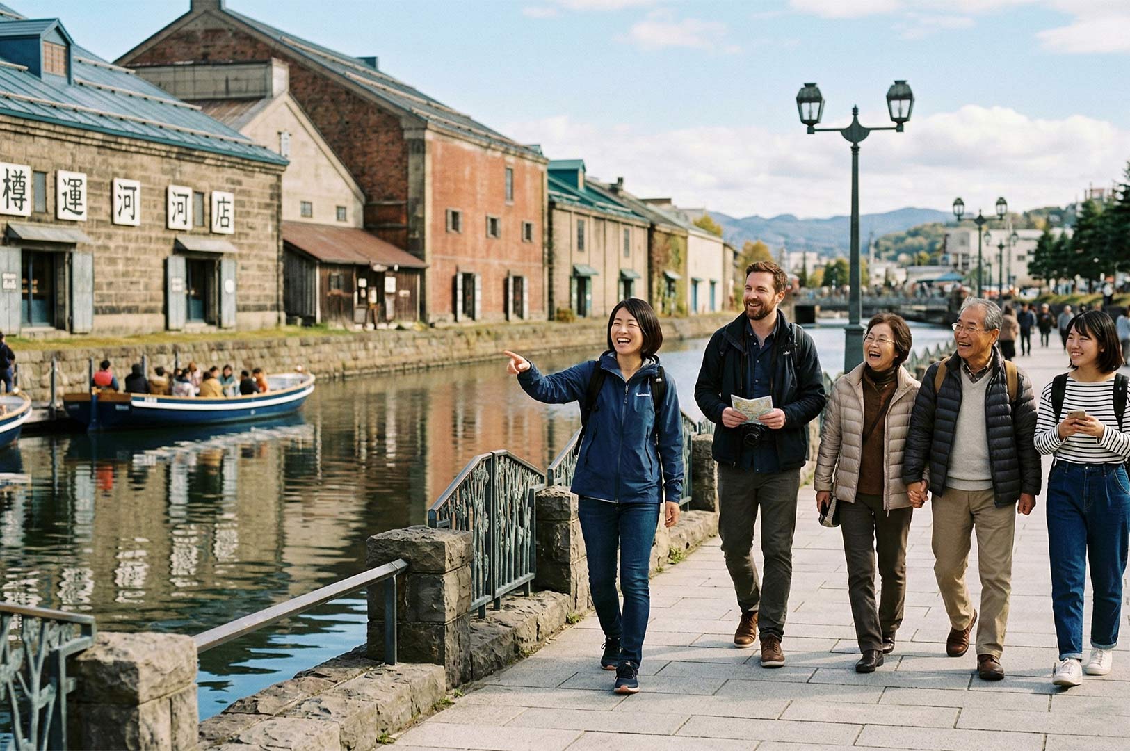 A group of smiling tourists walking along the paved path of the Otaru Canal in Hokkaido, Japan, with historic stone warehouses in the background.