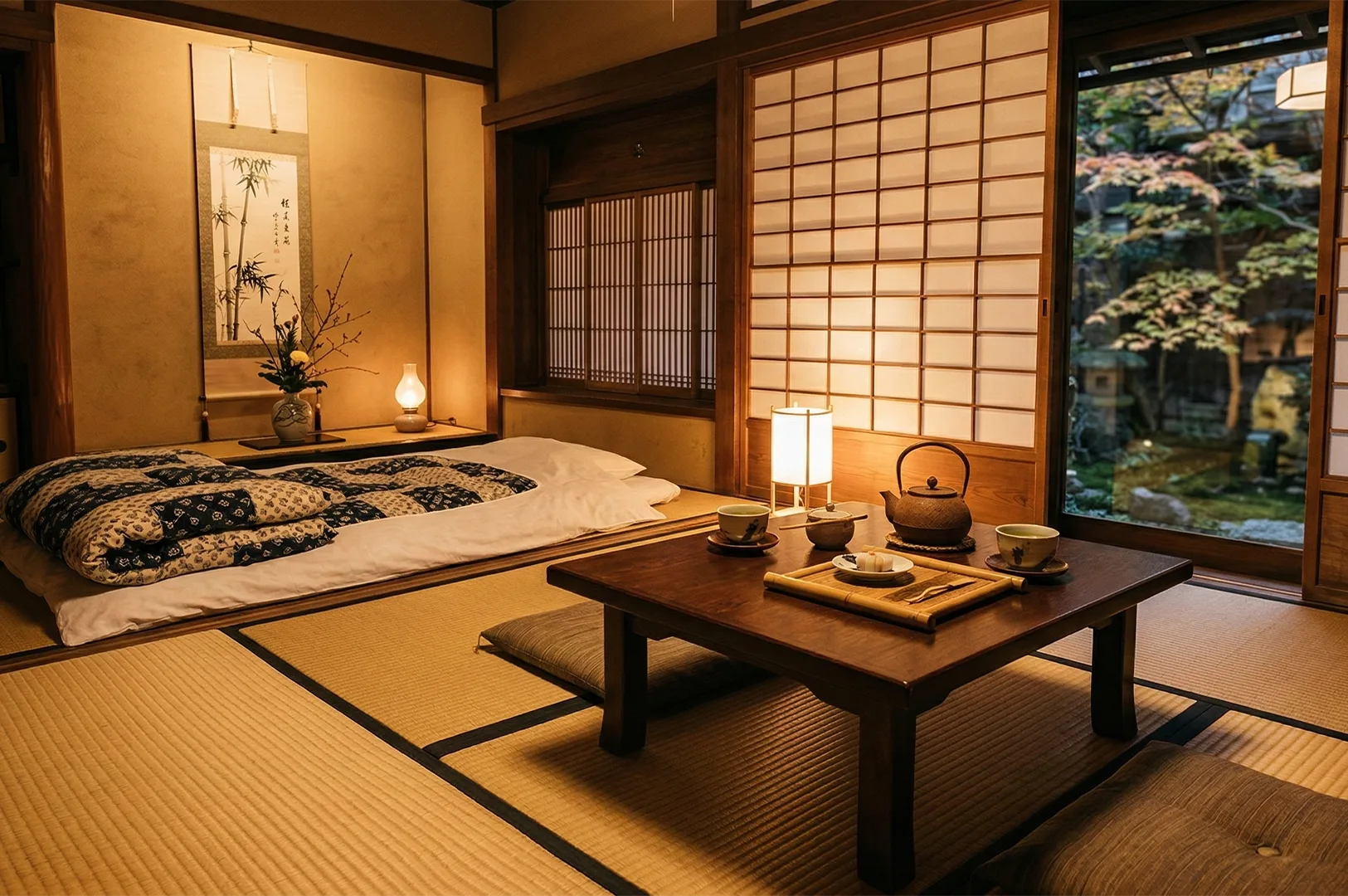 An authentic Japanese ryokan interior featuring tatami mat flooring, a futon bed, a low wooden tea table with a cast iron teapot, and shoji screen doors opening to a garden.