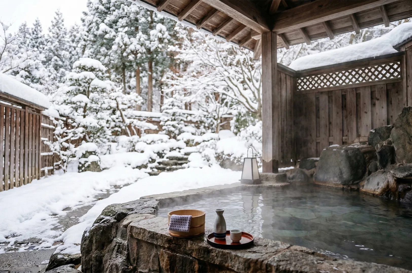 A steaming outdoor thermal onsen bath made of natural stone, surrounded by a thick blanket of winter snow and pine trees, with a sake set resting on the edge.
