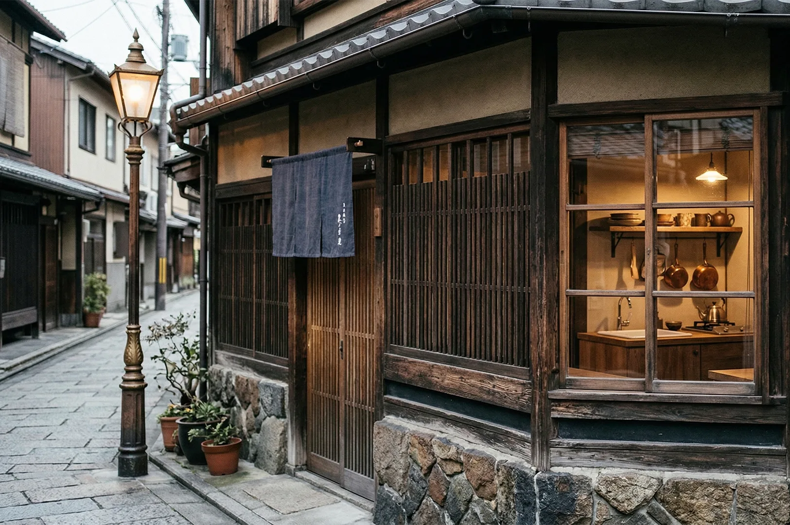 A quiet, narrow alleyway in Japan at dusk, highlighting a traditional wooden machiya house with a glowing street lamp and a glimpse into a cozy kitchen.