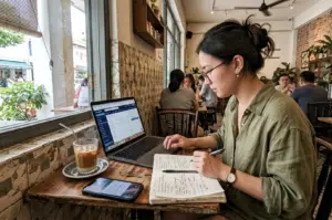 A woman with glasses and her hair in a bun sits at a weathered wooden table in a sunlit, rustic café, deeply focused on planning a trip. She is writing notes in a large open journal with a pen in her right hand while her left hand rests near a laptop displaying a flight search results page. On the table, there is a glass of iced coffee, a set of keys, and a smartphone. The background shows a lively café atmosphere with other patrons and a large window looking out onto a street with green foliage.