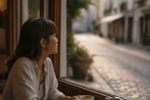 A young woman with dark hair sits indoors, looking thoughtfully out of a large window onto a sunlit, European-style cobblestone street. She is wearing a light-colored button-down shirt over a grey top and holds a white coffee cup. In the foreground, the edge of a vintage camera is visible on the wooden windowsill. The street outside is softly blurred, showing a quiet alleyway lined with buildings and greenery under a warm, golden-hour light. The overall mood is peaceful, reflective, and evocative of slow travel.