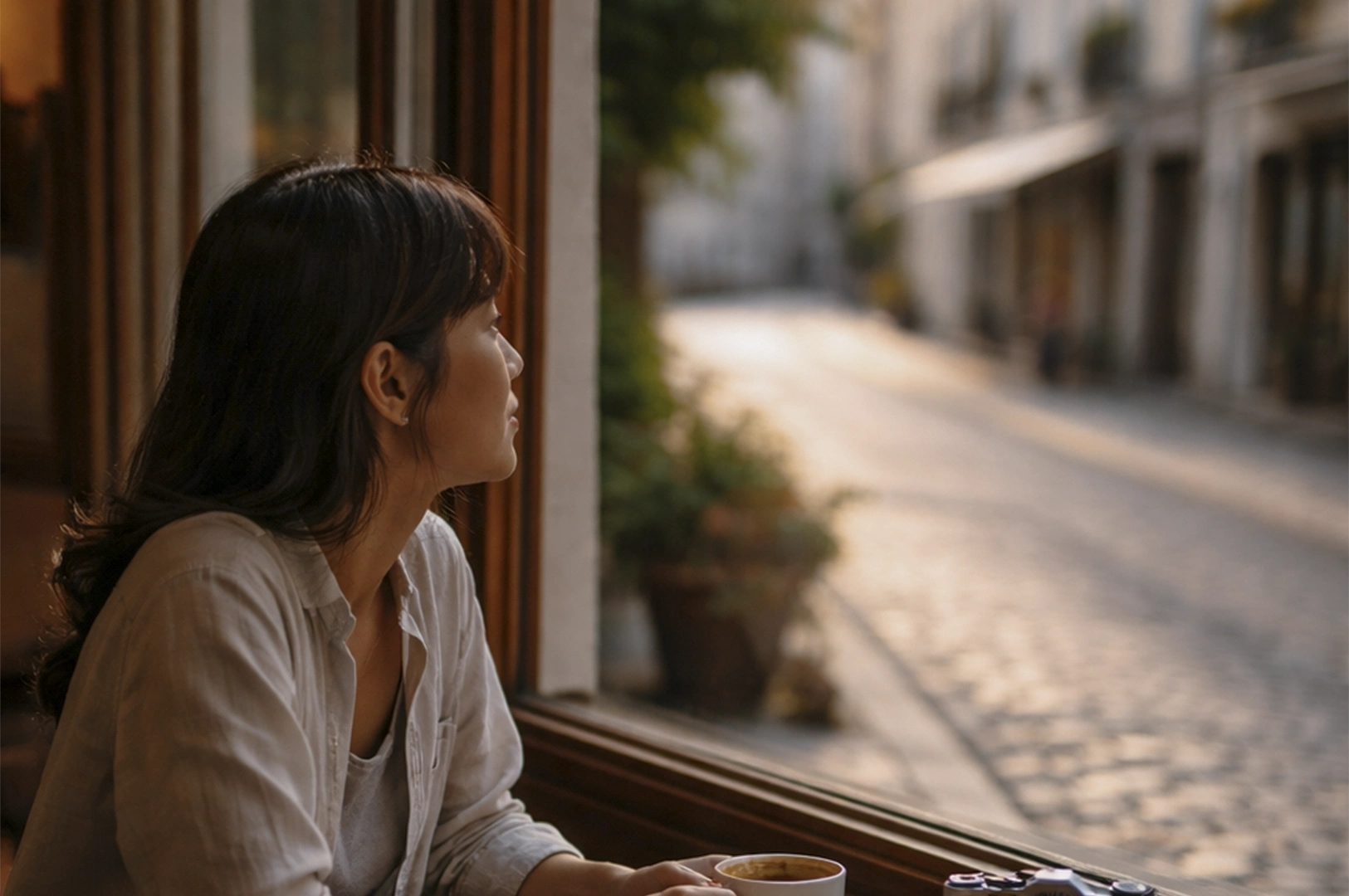 A young woman with dark hair sits indoors, looking thoughtfully out of a large window onto a sunlit, European-style cobblestone street. She is wearing a light-colored button-down shirt over a grey top and holds a white coffee cup. In the foreground, the edge of a vintage camera is visible on the wooden windowsill. The street outside is softly blurred, showing a quiet alleyway lined with buildings and greenery under a warm, golden-hour light. The overall mood is peaceful, reflective, and evocative of slow travel.