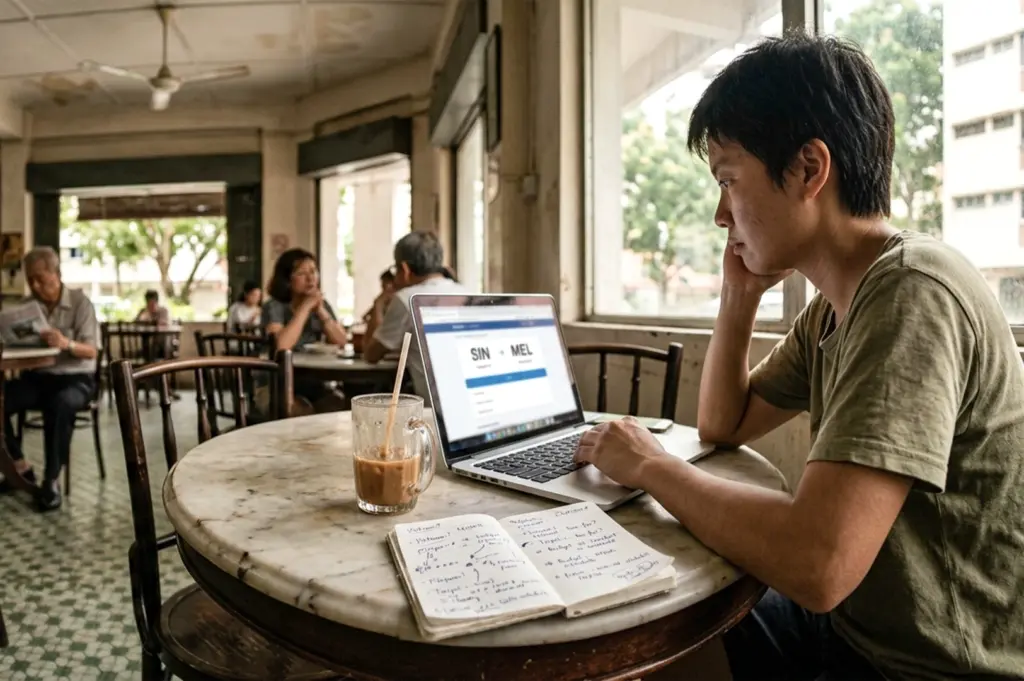 A young man is seated at a round marble table in a traditional, open-air Southeast Asian coffee shop, concentrated on his laptop screen which displays a simple flight search interface between Singapore and Melbourne. He has one hand on the keyboard and the other resting against his face in a thoughtful pose. An iced coffee in a glass mug and an open notebook filled with handwritten travel plans sit on the table before him. In the blurred background, older men are seen reading newspapers and chatting at other tables under a ceiling fan.
