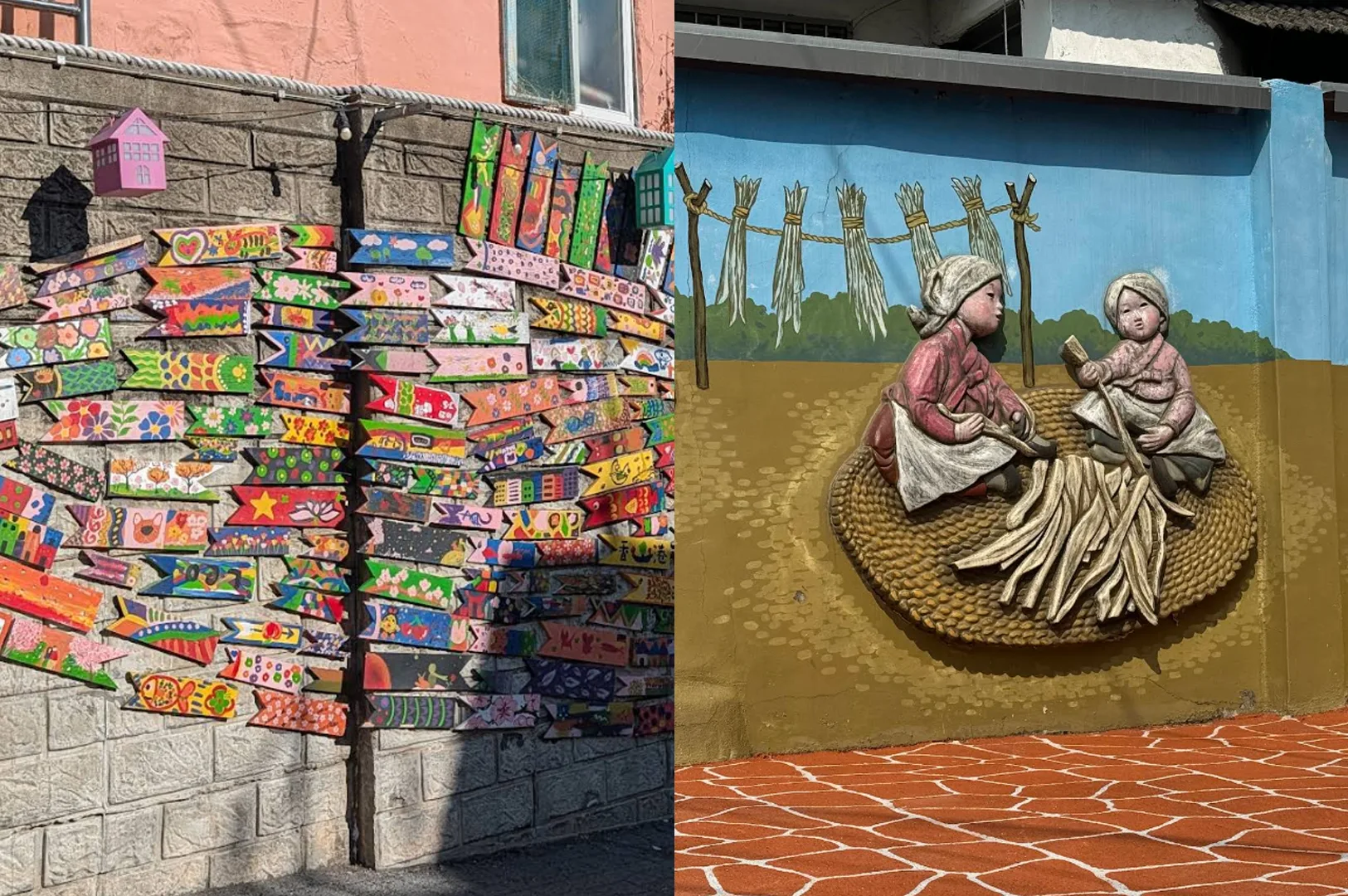 A composite of two colorful street art scenes. On the left, a stone wall is covered in dozens of vibrant, hand-painted wooden fish pointing in different directions. On the right, a 3D relief mural on a blue and yellow wall depicts two traditional Korean figures in pink and white hanbok, sitting on a straw mat and engaged in a craft, set against a backdrop of a green forest.
