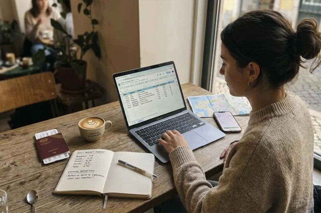 A young woman with her hair in a bun sits at a wooden table in a cozy, sunlit cafe, working on a travel budget. She is typing on a laptop that displays a detailed spreadsheet, while a physical notebook beside her shows a "Daily Budget Format" with handwritten entries for meals and snacks. Her workspace is cluttered with a passport, a map, a cup of latte art coffee, and a smartphone, perfectly illustrating the "digital nomad" lifestyle of slow travel.