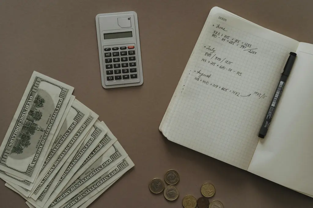 A flat-lay composition on a muted brown background displays the tools of manual budgeting. A silver calculator sits at the top center, flanked by a fan of $100 bills on the bottom left and a collection of Euro coins at the bottom center. On the right, an open grid-paper notebook contains handwritten monthly calculations for June, July, and August, with a black fine-liner pen resting on the page, representing a methodical approach to long-term travel savings.