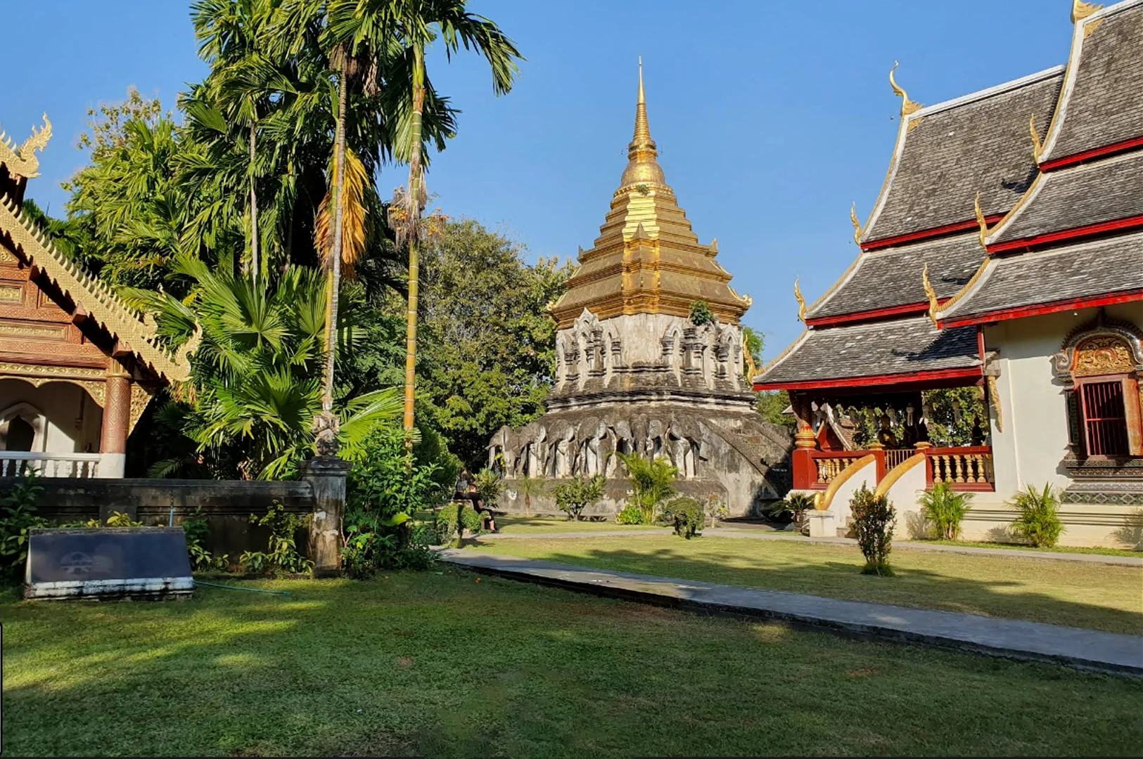 A wide shot of a peaceful Thai temple complex under a clear blue sky. In the center stands a large, weathered stone chedi (stupa) with a base featuring ornate elephant carvings and a gleaming gold spire. To the right is a traditional white temple building with a dark tiered roof, red accents, and gold trimmings. Lush green palm trees and manicured grass fill the foreground and midground, with a stone path leading through the courtyard.