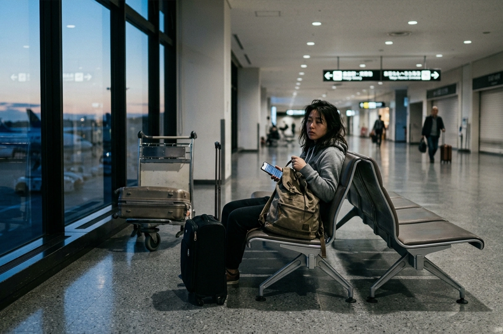 A woman with messy hair sits alone on a row of airport terminal seats during the evening or night. She wears a grey hoodie and looks tired, holding a smartphone in her hand. A large olive-green backpack and a black suitcase are next to her. The terminal is mostly empty, with large windows showing a dark blue sky and airport ground equipment outside.