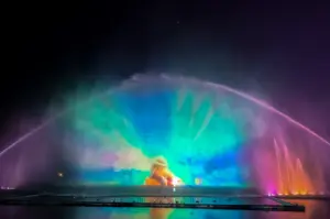 Colorful fountain and laser light show at Chiang Mai Night Safari featuring vibrant water projections, rainbow lighting, and reflections on the lake at night