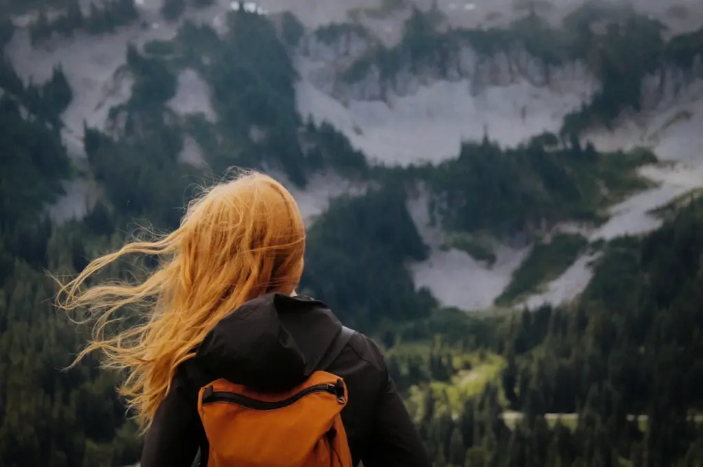Back view of a woman with long blonde hair wearing a backpack and black jacket while overlooking a misty mountain landscape filled with pine trees and rocky slopes during a hiking adventure