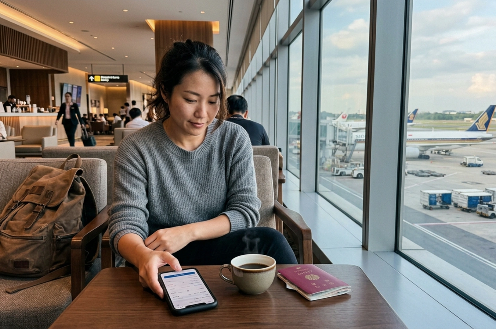 A woman in a grey sweater sits at a small table by a large window in an airport lounge. She is looking down at her smartphone. On the wooden table are a steaming cup of coffee and a red passport. Outside the window, several airplanes with the Singapore Airlines logo are parked at the gates on the tarmac.