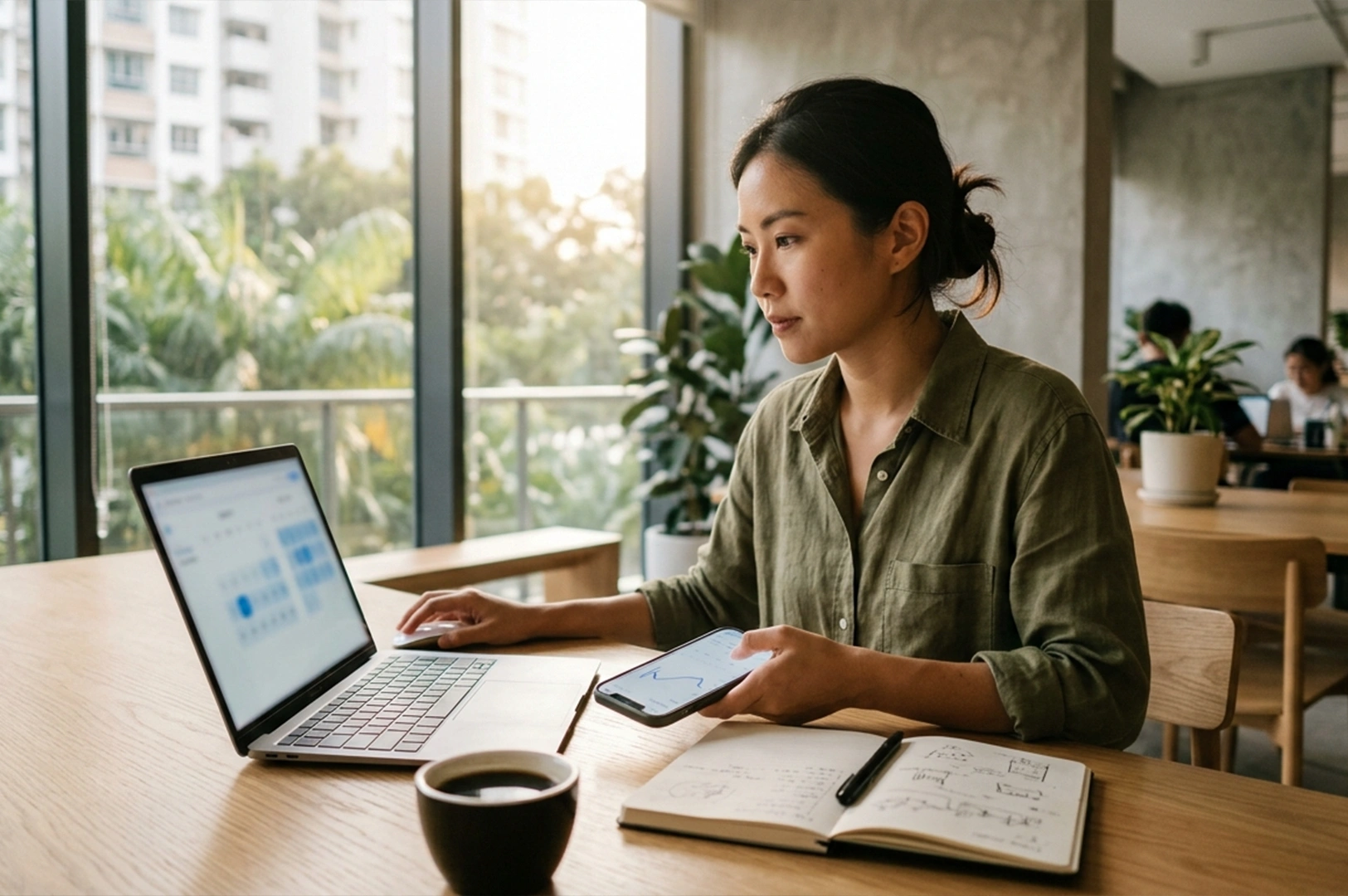 A woman in a green button-down shirt works at a long wooden table in a modern, sunlit office or cafe. She is looking at a laptop while holding a smartphone that displays a line graph. An open notebook with sketches and a cup of black coffee are on the table. Large windows behind her show city buildings and tropical trees.