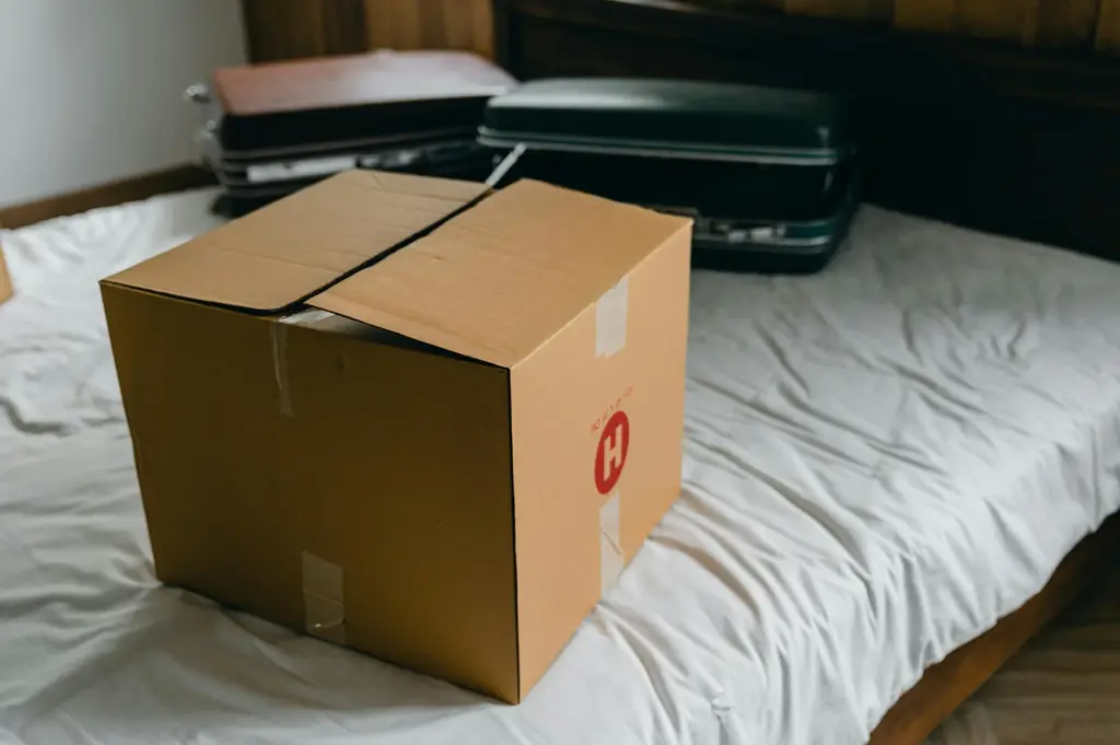 Large cardboard moving box placed on a bed beside packed suitcases in a bedroom, representing relocation, moving house, or travel preparation