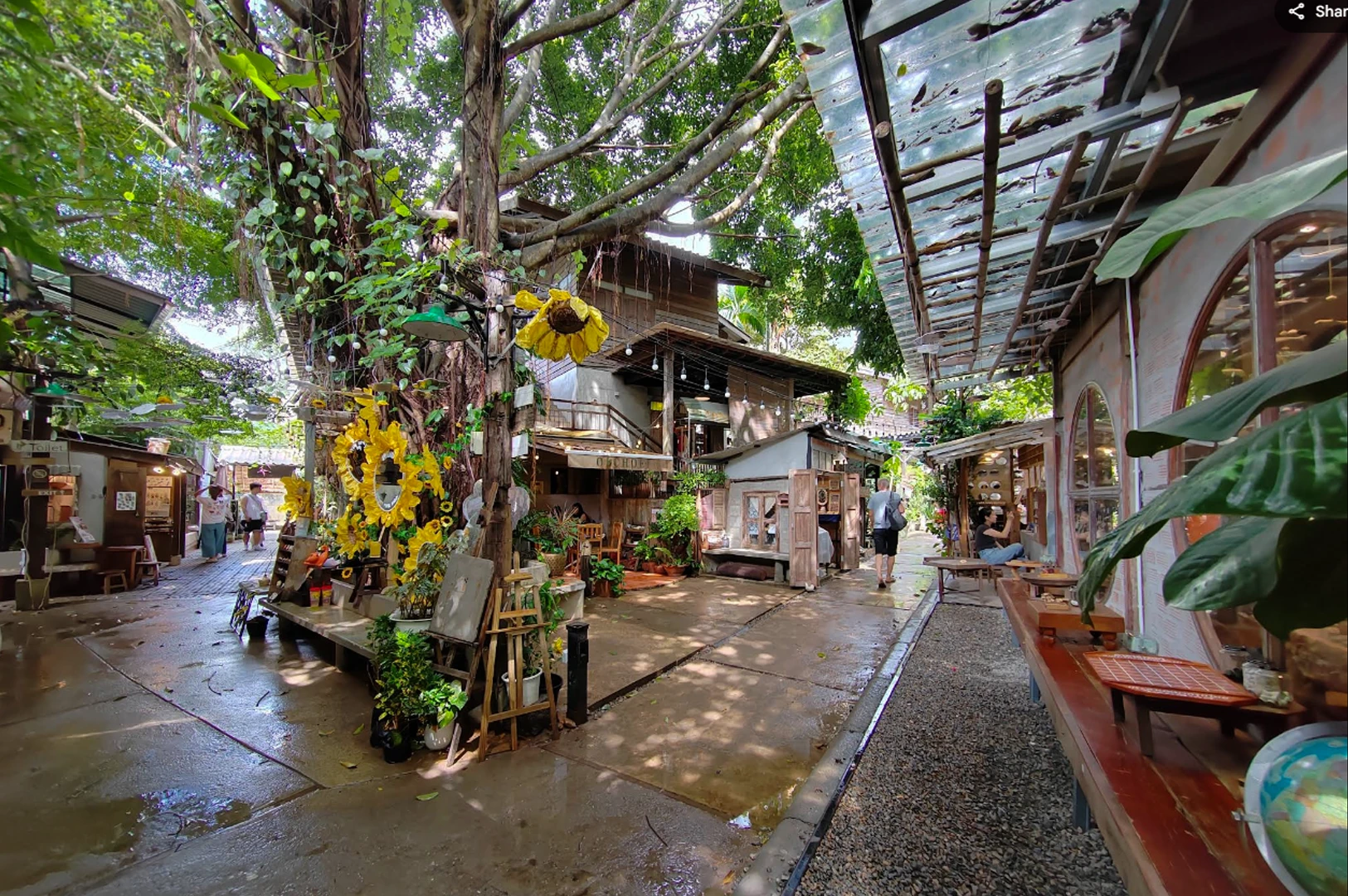 A vibrant, rustic outdoor market or cafe area nestled under a large, leafy tree with hanging vines. The ground is damp concrete, reflecting the surroundings. To the left, a tree is decorated with large, bright yellow fabric sunflowers. Small wooden shops and stalls with glass windows line the path, and a person in a blue shirt walks away toward the back of the alley.