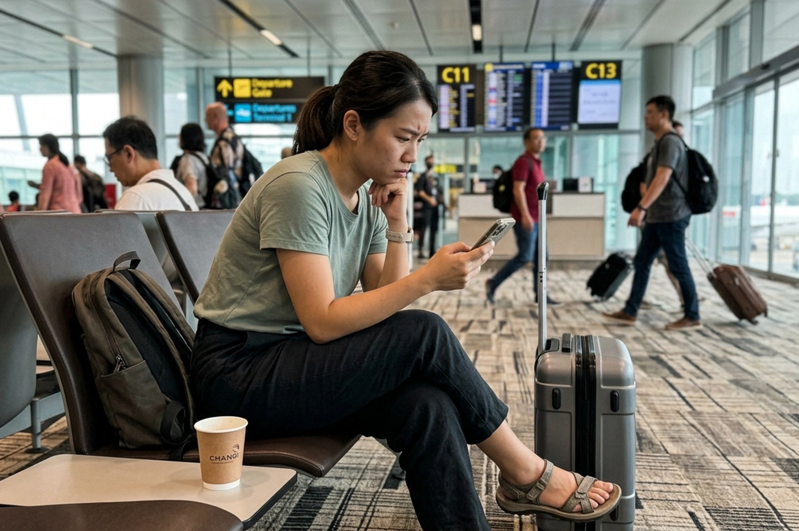 A woman with her hair in a ponytail sits in an airport terminal waiting area. She is wearing a green t-shirt and black pants, looking intently at her smartphone with a hand resting on her chin. Beside her is a brown backpack and a small suitcase. A paper coffee cup sits on the small table in front of her. In the blurred background, airport flight information screens and other travelers are visible.
