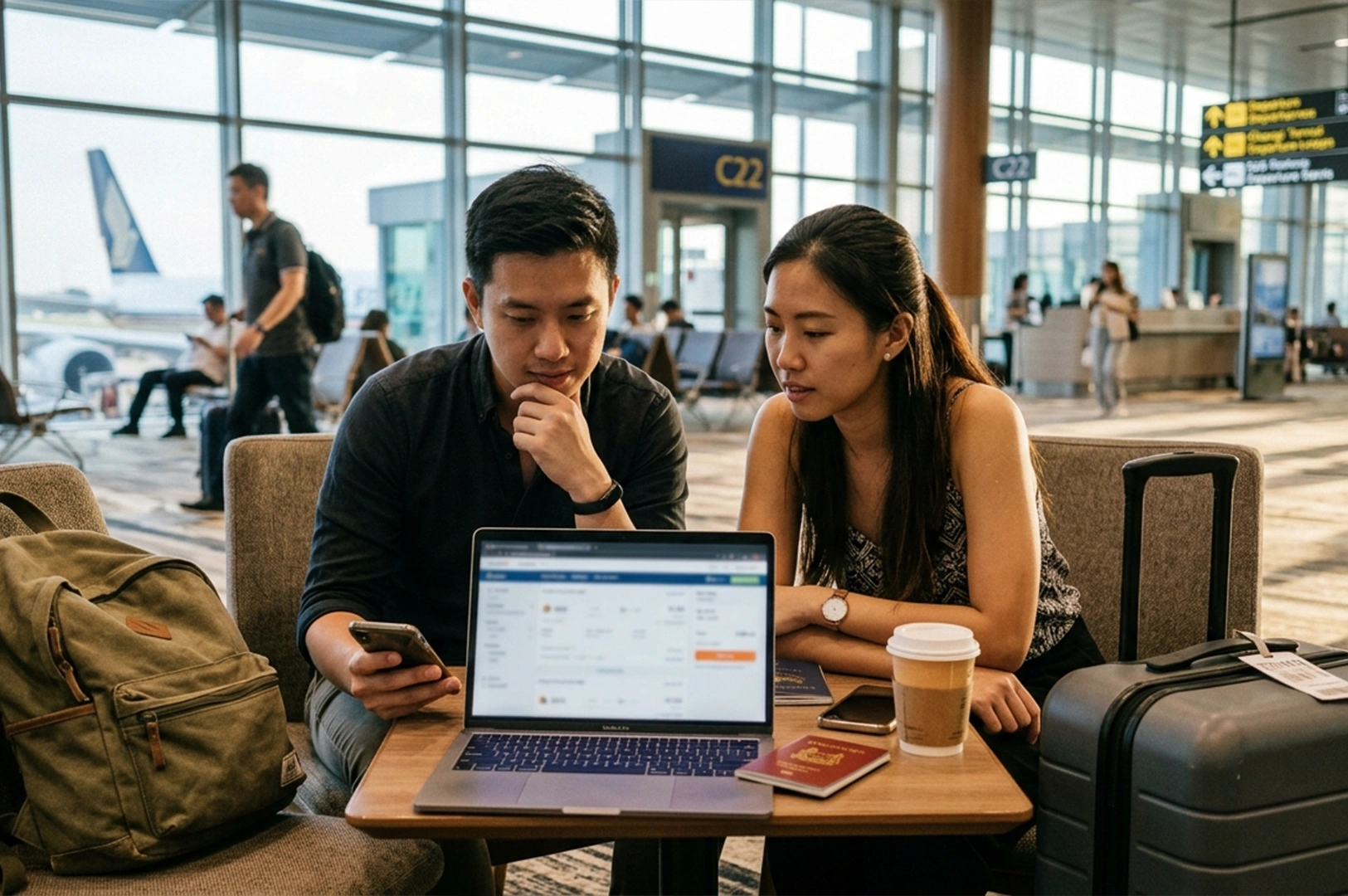 A man and a woman sit together at a table in a bright airport lounge. They are both looking at a laptop screen that appears to show travel or flight information. The man holds a smartphone, and a red passport, a coffee cup, and a suitcase are on or near the table. Large windows in the background reveal an airplane on the tarmac under a clear sky.