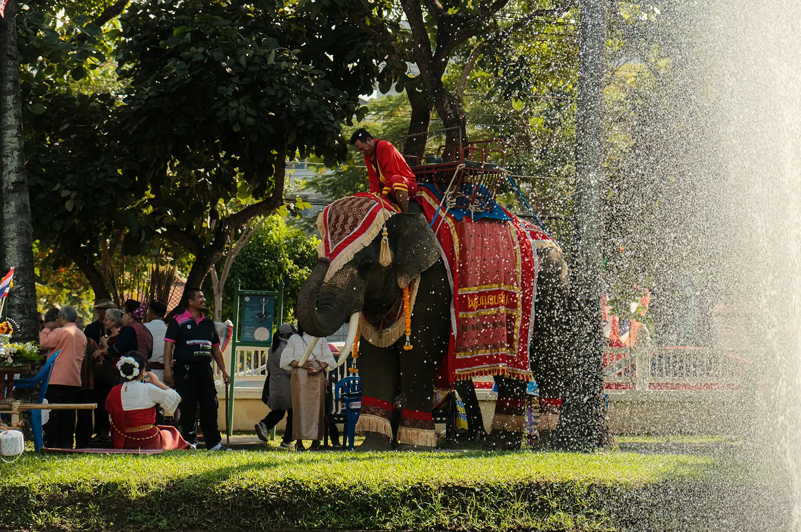 A majestic elephant adorned in ceremonial red and gold blankets and a decorative headpiece stands on a grassy field. A mahout (rider) in a red uniform sits atop the elephant. In the foreground, a water fountain sprays a mist of droplets, partially obscuring the view. To the left, a group of people in traditional Thai clothing are gathered, suggesting a cultural festival or celebration.