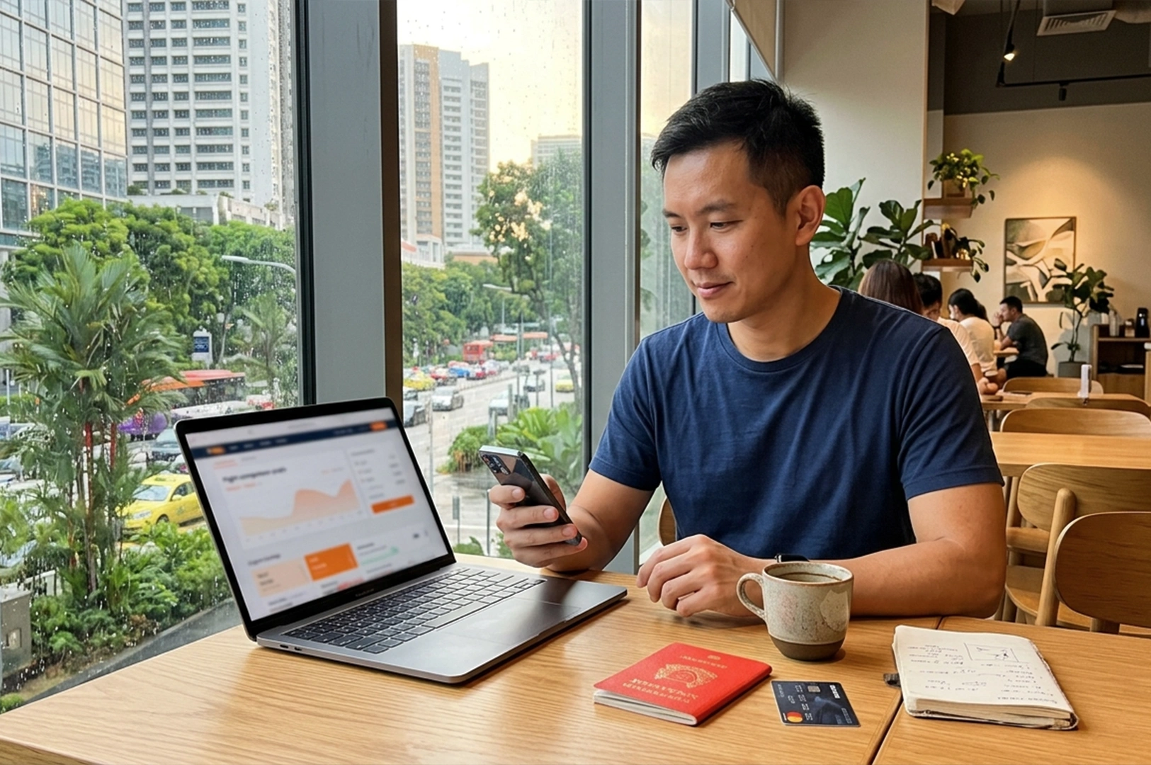 A man in a navy blue t-shirt sits at a wooden table in a cafe with large windows overlooking a city street. He is looking at his smartphone while a laptop open to a data dashboard sits in front of him. On the table are a red passport, a credit card, a ceramic mug, and a notebook. The background shows lush green trees and high-rise buildings.