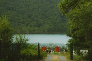 Scenic forest lake surrounded by lush green mountains, with a winding path leading to the waterfront in a tranquil natural landscape.a