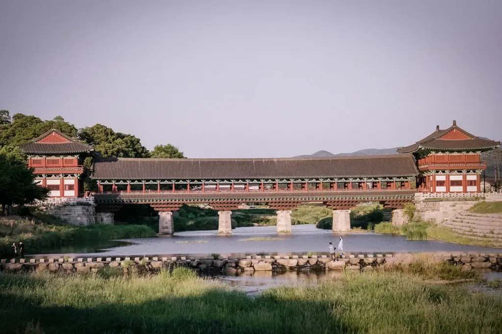 Woljeonggyo Bridge in Gyeongju, South Korea featuring traditional Korean architecture spanning a river with scenic natural surroundings and historic significance.