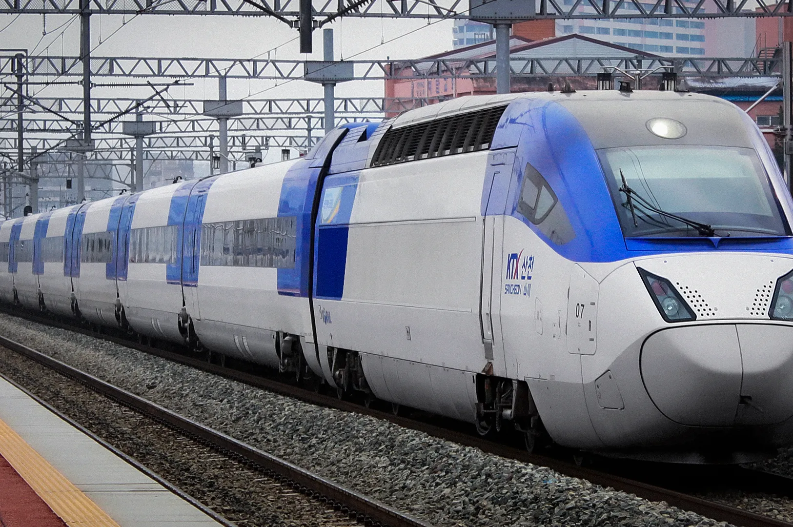 KTX-Sancheon high-speed train at a railway station in South Korea featuring the modern Korail train design and extensive rail network infrastructure.