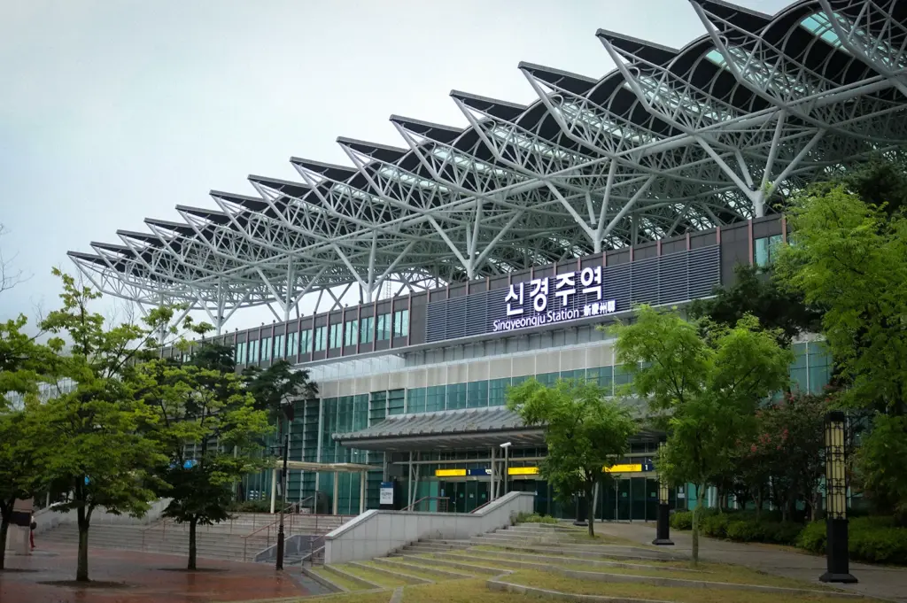 Exterior view of Singyeongju Station in Gyeongju, South Korea featuring modern architecture, steel roof structure, landscaped grounds, and main entrance.