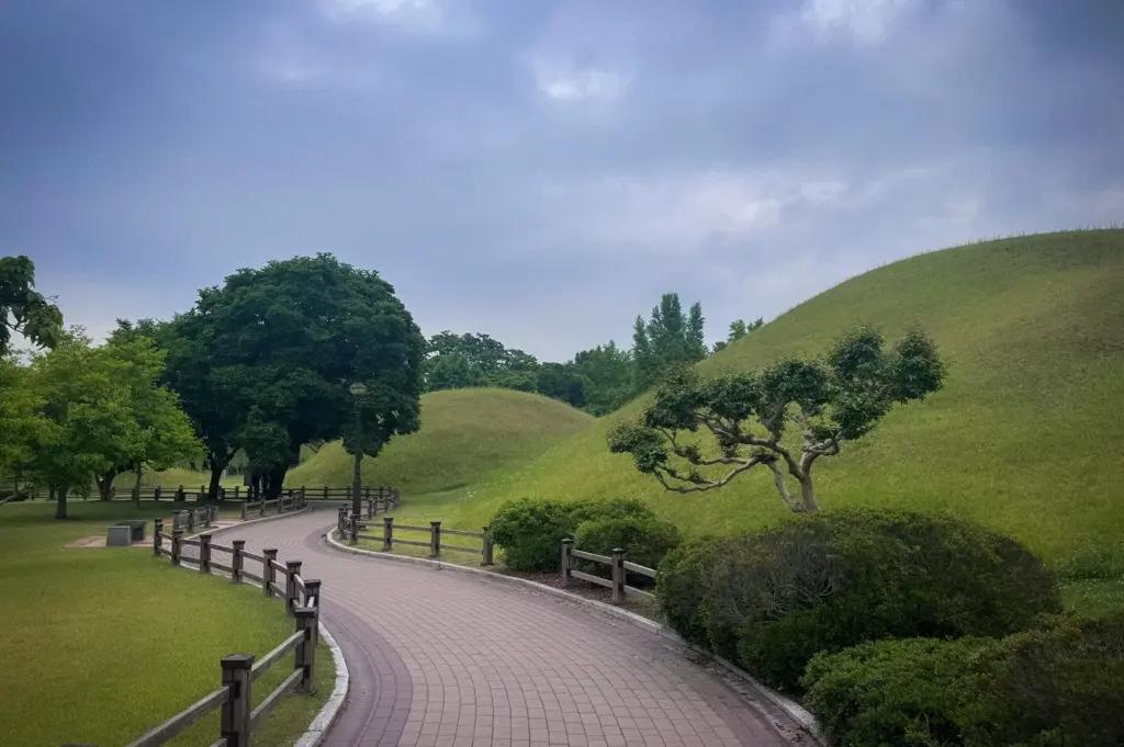 Walking path through Daereungwon Tomb Complex in Gyeongju, South Korea, featuring ancient royal burial mounds, manicured lawns, trees, and landscaped gardens.