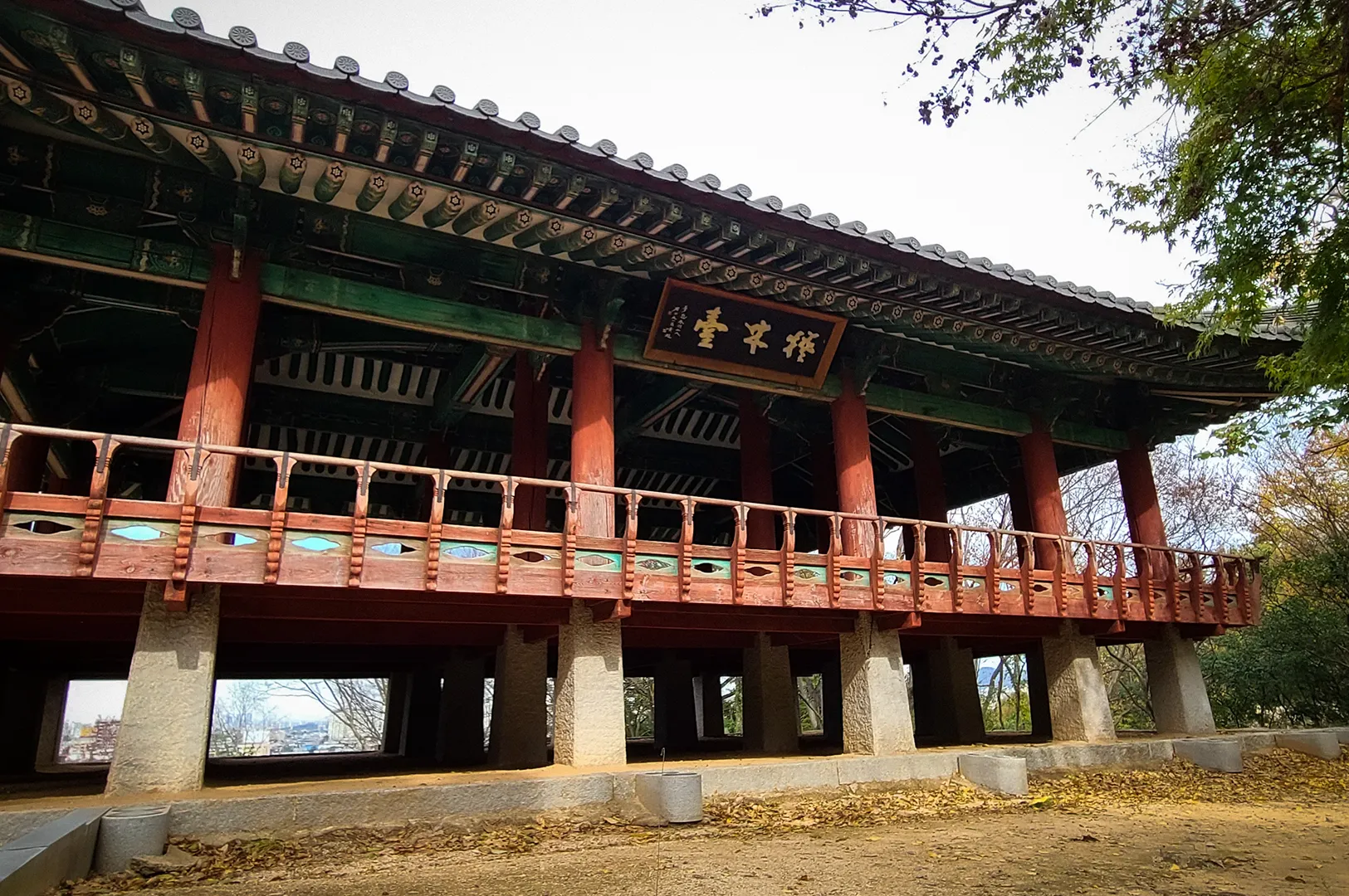 Historic Omokdae Pavilion in Jeonju, South Korea featuring traditional Korean architecture, elevated wooden structure and scenic surroundings within Jeonju Hanok Village.