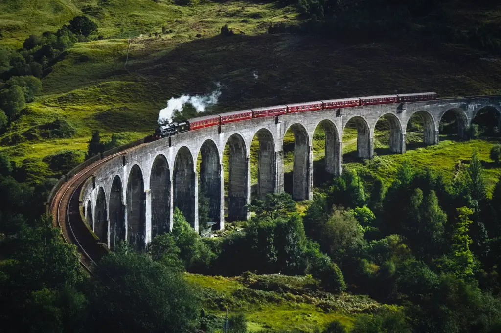Steam train crossing the Glenfinnan Viaduct in the Scottish Highlands, surrounded by rolling green hills and scenic countryside.