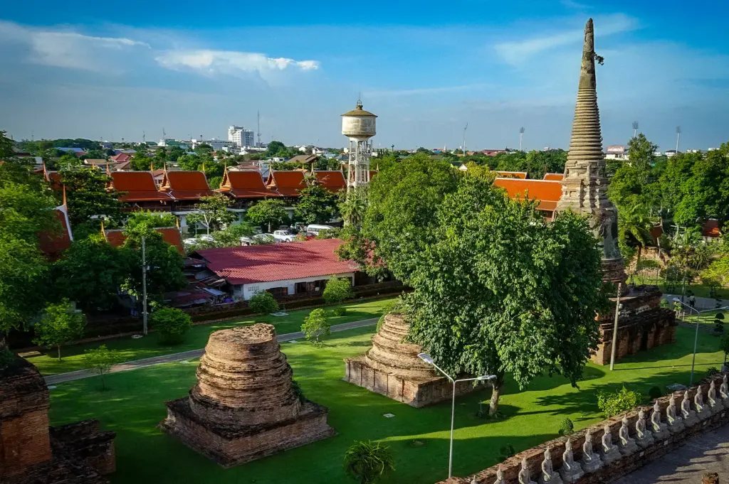 Ancient temple ruins and historic stupas at Ayutthaya Historical Park in Thailand with lush gardens, traditional architecture, and panoramic city views under a clear blue sky.