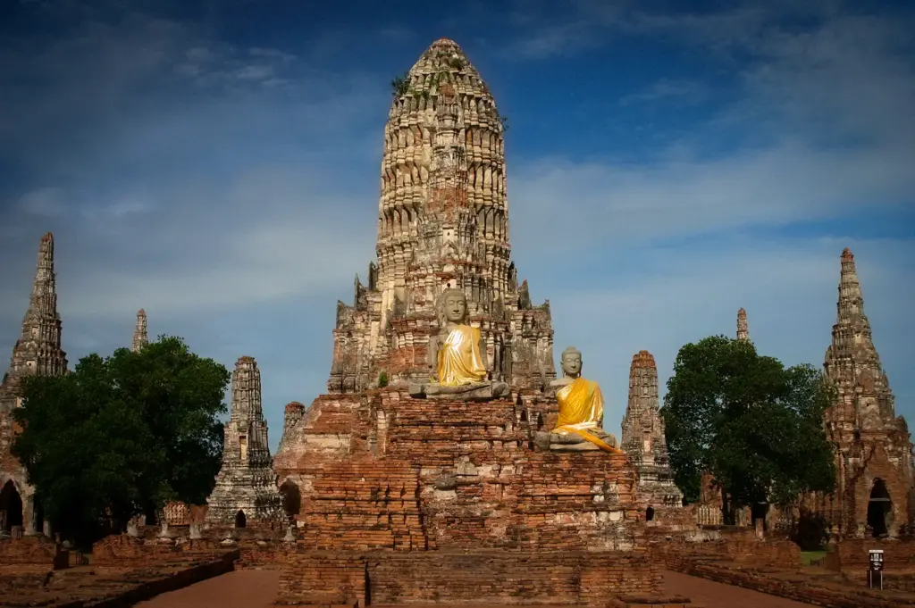 Ancient temple ruins and Buddha statues at Ayutthaya Historical Park, a UNESCO World Heritage Site in Ayutthaya, Thailand.a