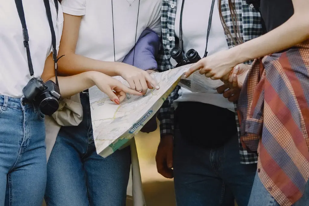 Wide shot of a group of travelers exploring a scenic park with a map and cameras, surrounded by lush greenery and enjoying an outdoor sightseeing adventure.