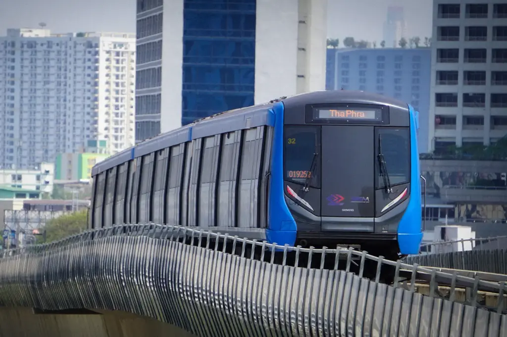 Bangkok MRT Blue Line train traveling on an elevated railway with the city skyline and high-rise buildings in the background, Thailand.