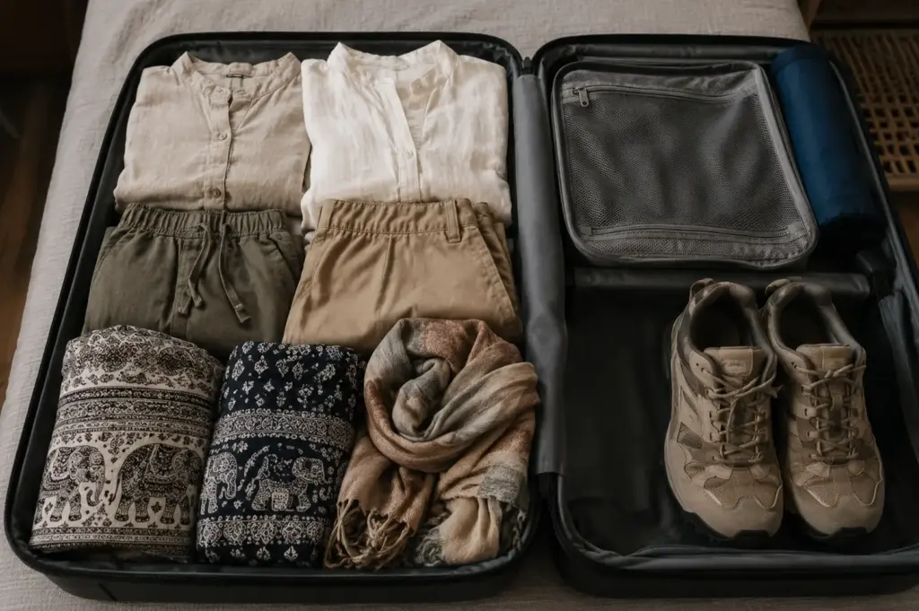 Neatly packed travel suitcase with folded clothes, packing cubes, walking shoes, scarves, and travel essentials organized for an efficient vacation or business trip.