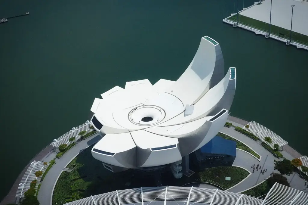 Aerial view of the ArtScience Museum at Marina Bay Singapore, showcasing its iconic lotus-inspired architecture surrounded by the waterfront and promenade.