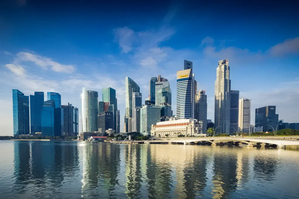 Singapore Marina Bay skyline with the Central Business District reflected on calm waterfront under a clear blue sky.