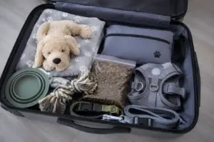 Open suitcase packed with dog travel essentials including a harness, leash, collapsible bowls, pet food, blanket, rope toy, plush dog toy, and travel organizer.
